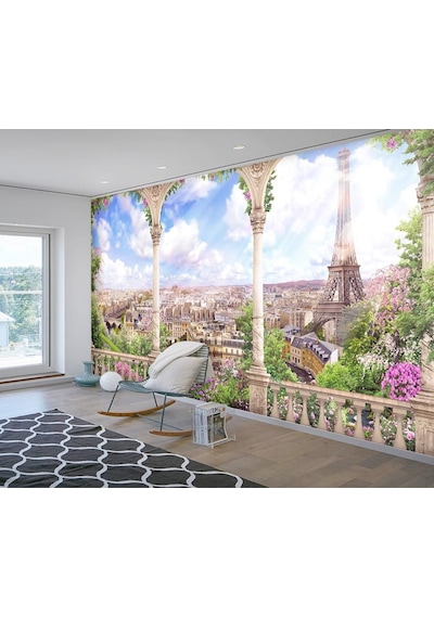 Çiçeklerle Süslü Sütunlar Ve Paris Manzarası Duvar Kağıdı