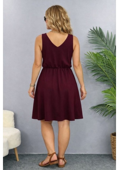Butik İstanbul Kadın Askılı V Yakalı Beli Büzgülü Kısa Viskon Iki Iplik Elbise Bordo