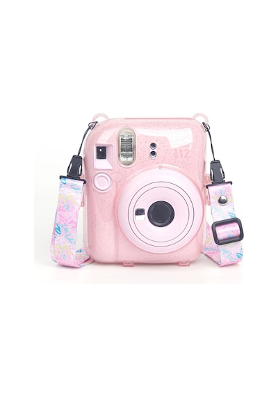Fujifilm Instax Mini 12 Fotoğraf Makinesi + 20'li Film + Kıskaçlı Resim Standı + Simli Pleksi Kılıf Seti Pembe