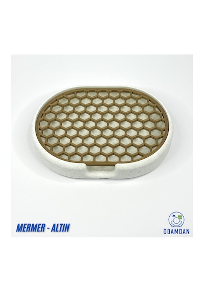 Odamdan Modern Çift Renkli Beyaz-gri Katı Sabunluk - Su Tahliyeli Ve Izgaralı Tasarım 9x12 Cm Mermer - Altın