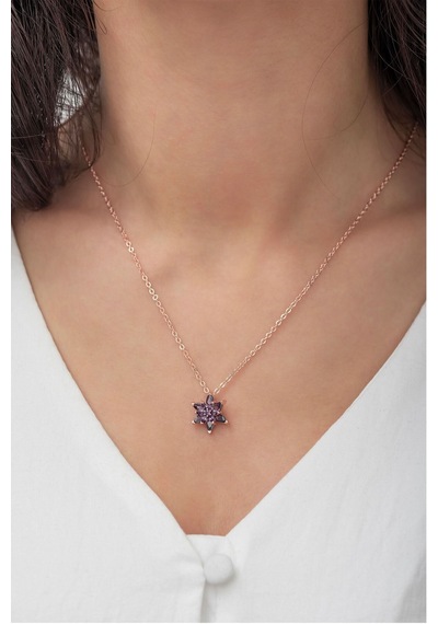 Ervanur Rose Altın Kaplama Mor Taşlı Lotus Çiçeği Kadın Kolye Mor