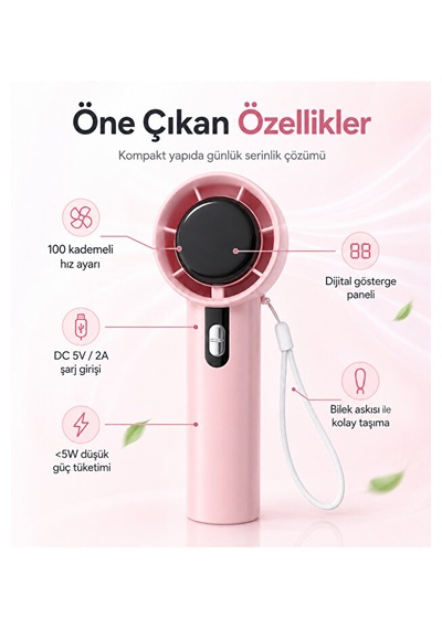 100 Kademeli Hız Ayarlı Şarjlı El Fanı Dijital Göstergeli Taşınabilir Mini Vantilatör Pembe