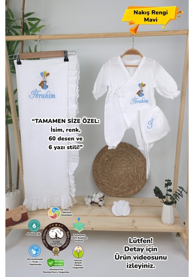 Gros Shop Müslin Yeni Doğan 4katlı Organik %100pamuk Kişiye Özgü Nakışlı Hastane Çıkış Seti-ayıcık Model Ekru
