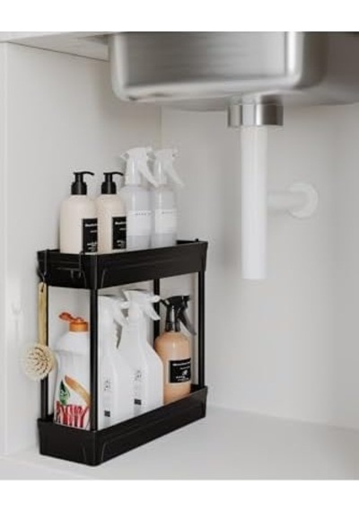 Rafata Çok Amaçlı 2 Katlı Evye Altı Düzenleyicisi Askılı Banyo Düzenleyici Kaydırmaz Tabanlı Açık Ahşap
