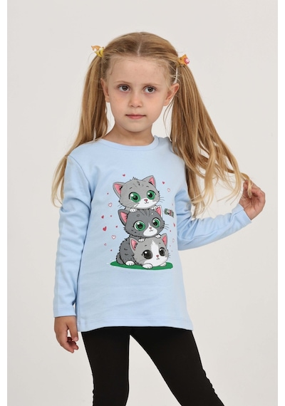 Toontoy Kız Çocuk Üçlü Kedi Baskılı Sweatshirt Koyu Mavi