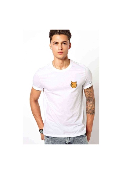 Cat Emoji Heart Smile Baskılı Beyaz Erkek Tshirt