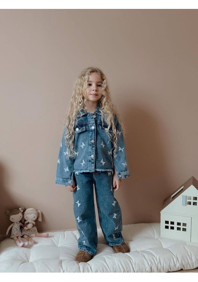 Miniko Kids Kız Çocuk Kelebek Modelli Kot Ceketli Takım Mavi