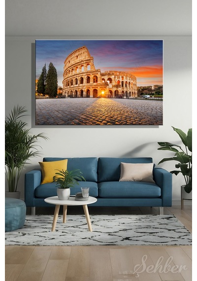 Gün Batımında Roma'da Yer Alan Tarihi Kolezyum Colosseum Yatay Kanvas Tablo 4267 Çok Renkli