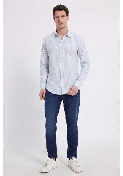 Tudors Erkek Slim Fit Dar Kesim Uzun Kollu %100 Pamuk Keten Doku Çizgili Gömlek-42654 Mint