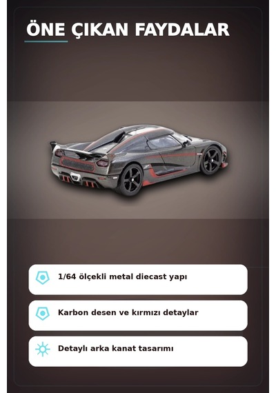 1/64 Siyah Karbon Fiber Kırmızı Detaylı Koenigsegg Agera Rs Diecast Model Araba Bx-313337