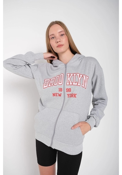 Tarzsokak Kadın Gri Brooklyn Baskılı Oversize Hırka Brooklynhırka