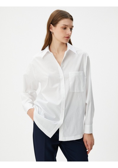Koton Oversize Gömlek Uzun Kollu Düğmeli Cepli Kırık Beyaz 4wak60542uw 4WAK60542UW001 Ekru