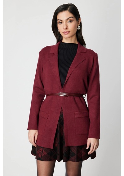 On Fashion Kadın Önü Açık Cepli Kemerli Bordo Hırka 69907 Bordo