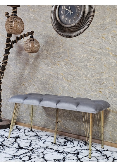 Zafir Metal Gold Tel Ayaklı 100 Cm Puf Bench - Puf - Bench - Oturak - Mutfak Oturağı - Antre Oturağı Gri
