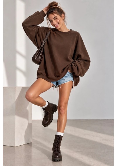 Bb Butik Basic 3 İplik Oversize Salaş Basic Sweatshirt Bisiklet Yaka My3535 Kahverengi Bb Butik Basic 3 İplik Oversize Salaş Basic Sweatshirt Bisiklet Yaka My3535 Kahverengi