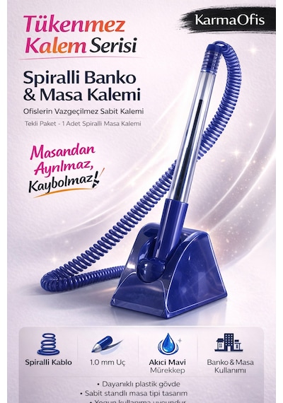 Spiralli Banko & Masa Kalemi 1.0 Mm Mavi Mürekkepli Sabit Standlı Ofis Kalemi 1 Adet Mavi 1