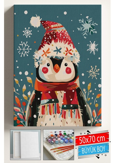 Sayılarla Boyama Seti Numaralı Tuval Fırça Boya Dahil Kasnaklı Set 50x70 Cm - Şirin Penguen