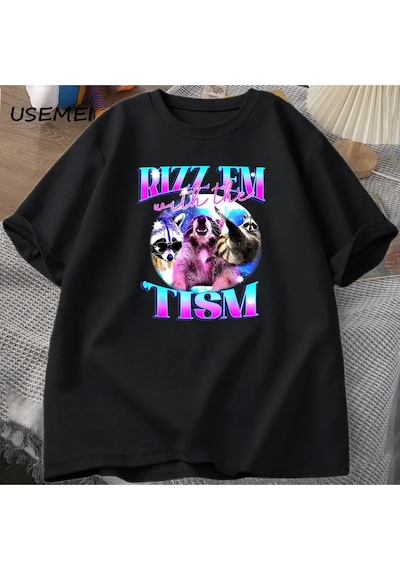 Flood Of Style Rizz Em İle Tism Komik T Shirt Erkekler Vintage Rakun Bootleg T-shirt Otizm Tees Kısa Kollu P Siyah