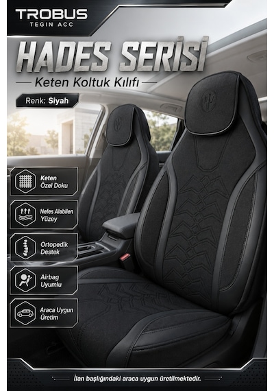 Tesla Model 3 2017 Ve Sonrası Uyumlu Hades Serisi Keten Koltuk Kılıfı Siyah