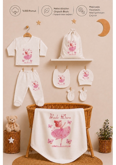 Pia Baby Kişiye Özel %100 Pamuk Kız Bebek Yastık Battaniye Zıbın Set Ve Kıyafet Kesesi 1025zybk3x Krem