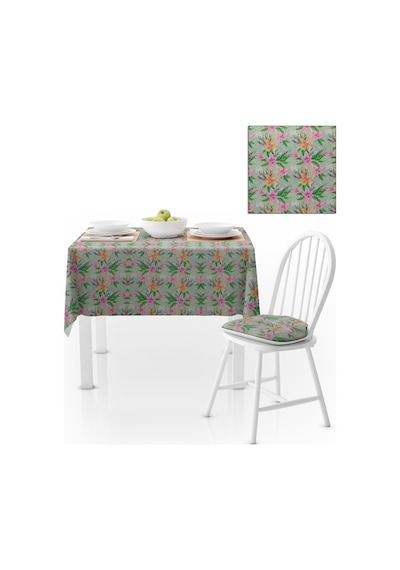 Zambak Desenli Mint Zemin Yeşil Pembe Dijital Baskılı Petek Dokuma Masa Örtüsü 140x180