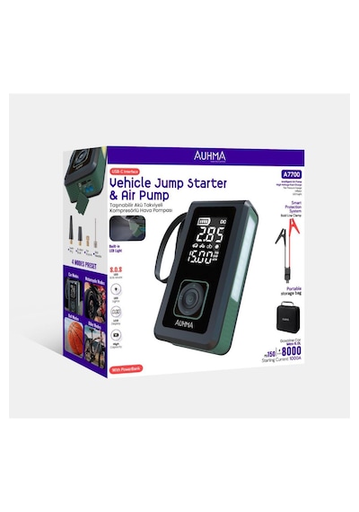 Auhma A7700 Jump Starter / Akü Takviye Cihazı 4'ü 1 Arada Powerbank, Hava Kompresörü, Lcd Ekran