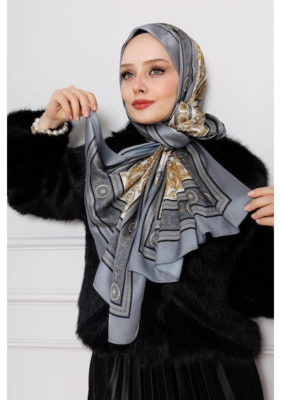 Sevitli Versace Desenli Hint İpeği Şal-antrasit-4538