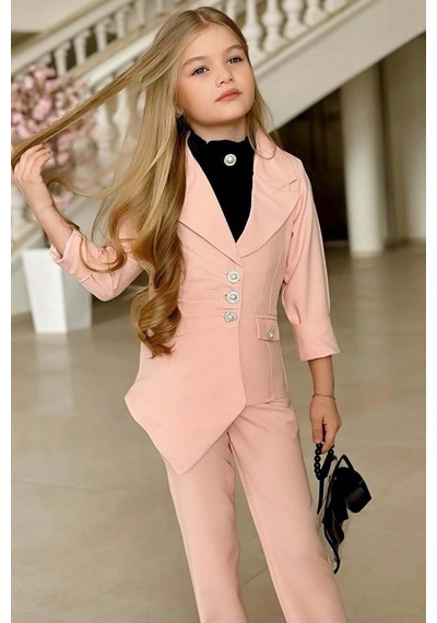 Riccotarz Kız Çocuk Palyaço Yaka Kolsuz Bluz Taş Düğme Detaylı Blazer Ceket Pudra Alt Üst Takım Pudra Riccotarz Kız Çocuk Palyaço Yaka Kolsuz Bluz Taş Düğme Detaylı Blazer Ceket Pudra Alt Üst Takım Pudra