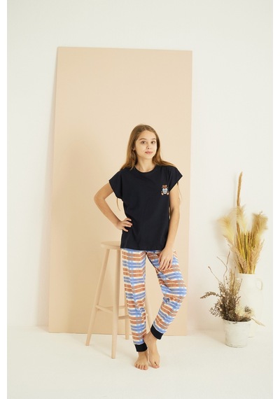 Siyah İnci Pamuklu Bisiklet Yaka Örme Pijama Takım25107135 Lacivert