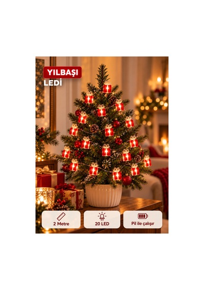 Yılbaşı Hediye Paketi Figürlü Led Işık 2 Metre Pilli Süsleme Ledi 20 Led Oda Masa Ağaç Dekoratif Süs