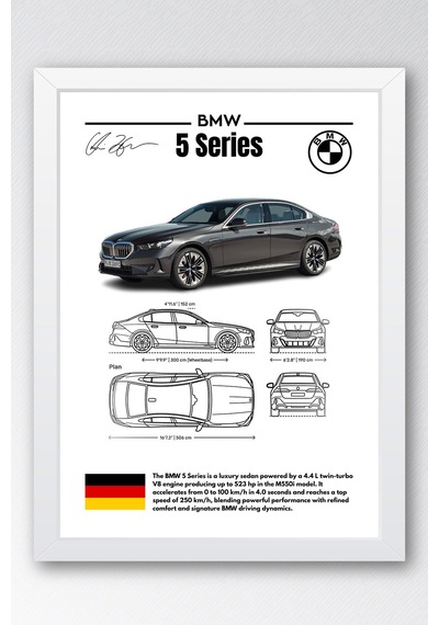 Bmw 5 Serisi Tablo - Teknik Özellikli Alman Lüks Sedan Poster - Çerçeveli Duvar Dekoru - Blueprint Beyaz