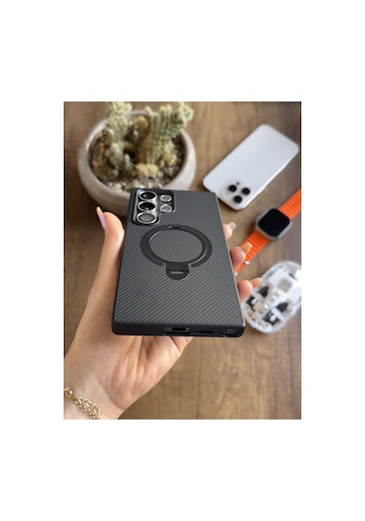 Samsung Galaxy S24 Ultra Uyumlu Karbon Desenli Standlı Ve Magsafe Uyumlu Kılıf Soocase700