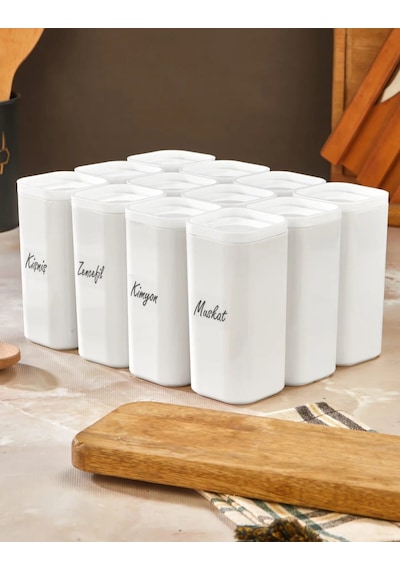 Etiketli 12'li 300 Ml Vakumlu Kapak Mika Beyaz Baharatlık Takımı - Sızdırmaz Conta Saklama Kabı Beyaz