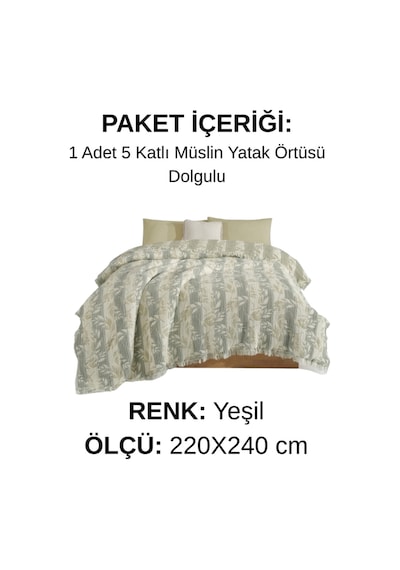 Nuvia 5 Kat Dolgulu Müslin Çift Kişilik Yatak Örtüsü %100 Pamuk Jakar Dokulu 220x240 Cm Yeşil