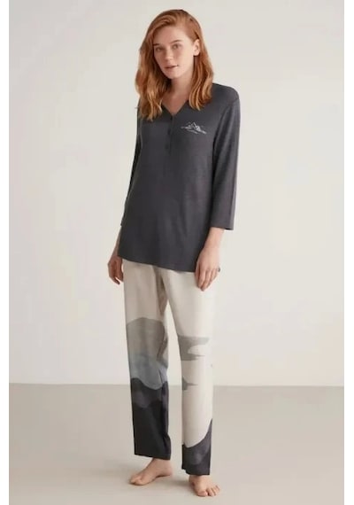 Nautıca W604 Kadın Patlı V Yaka Uzun Kollu Pijama Takımı - Lacivert Lacivert