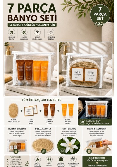 Şeffaf Çantalı 7 Li Banyo & Seyahat Seti Oval Kabak Lif + 2 Sabun 42 Gr + 2 Şampuan 30 Ml + 2 Duş Jeli 30 Ml Fresh