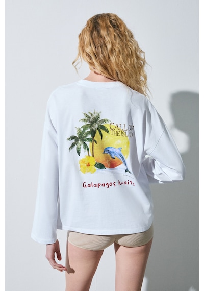 Grımelange Vırena Kadını Pamuklu Baskı Ve Nakış Detaylı Uzun Kollu Beyaz T-shirt