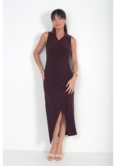 By Saygı Kadın Polo Kruvaze Yaka Drape Detaylı Likralı Midi Elbise Kahve