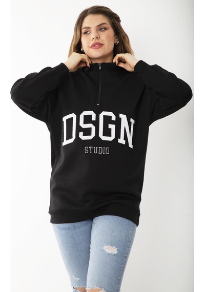 Şans Kadın Büyük Beden Siyah İçi Şardonlu Ön Pat Fermuarlı Nakışlı Sweatshirt 65n37207-siyah Siyah