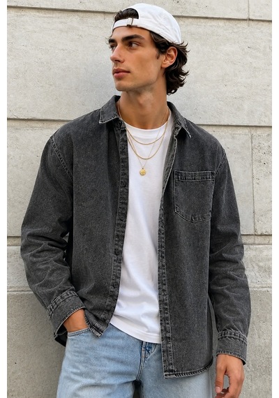 Cool Tarz Erkek Regular Denim Gömlek Yıkamalı Kot Uzun Kollu Cepli Jean Gömlek Gümüş Gümüş
