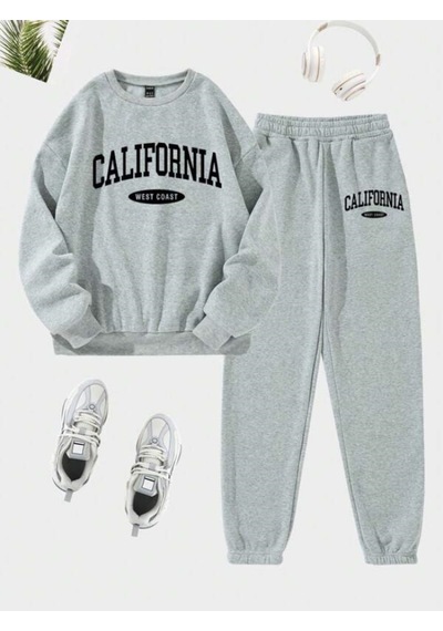 Los Angeles Baskılı Gri Bisiklet Yaka Sweatshirt Ve Eşofman Altı Eşofman Takımı Gri Los Angeles Baskılı Gri Bisiklet Yaka Sweatshirt Ve Eşofman Altı Eşofman Takımı Gri