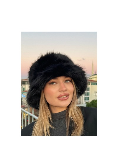 Mollycrush Luxury Peluş Bucket Kalpak Şapka Kışlık Suni Kürk Siyah Kadın Şapkası Siyah