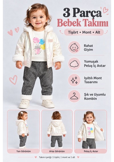 Ahengim Kız Bebek 3 Parça Takım Peluş Detaylı Kapüşonlu Parlak Mont Baskılı Üst Desenli Pantolon Ak1019 Beyaz Ahengim Kız Bebek 3 Parça Takım Peluş Detaylı Kapüşonlu Parlak Mont Baskılı Üst Desenli Pantolon Ak1019 Beyaz