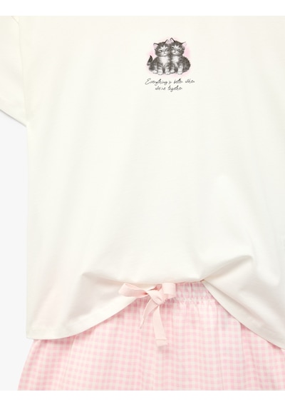 Koton Pamuklu Bisiklet Yaka Kısa Kollu Şortlu Pijama Takımı Ekru 6slk40133mk