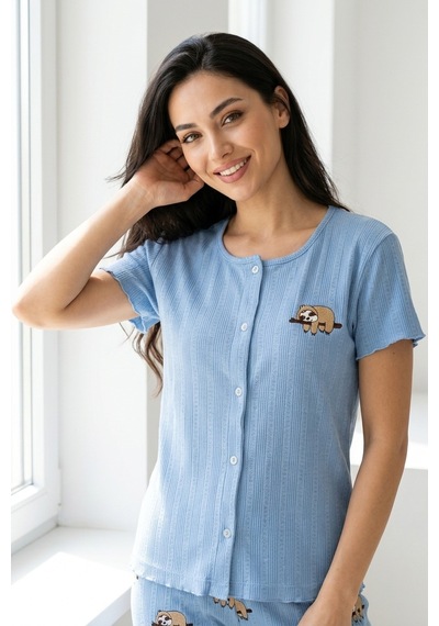 Aura Collections Kadın Ayıcık Desenli Bambu Viskon Kısa Kollu Soft Örme Pijama Takımı Mavi