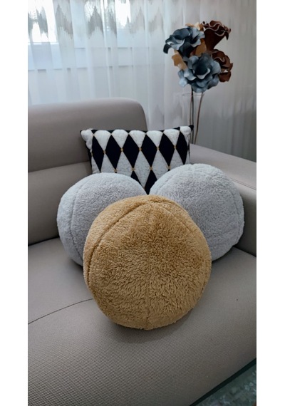 3'lü Top Kırlent / Yastık 2 Büyük Gri - 1 Büyük Hardal 40cm / 4