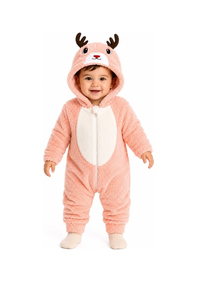 Tatlı Geyik Desenli Welsoft Bebek Tulumu Kapüşonlu Peluş Fermuarlı Kışlık Unisex Bebek Tulumu Somon
