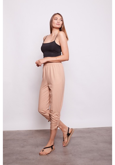 JUMENT İç Göstermez Viskon Poplin Beli Lastikli Cepli Paçası Büzgülü Rahat Pantolon -açık Camel A.camel