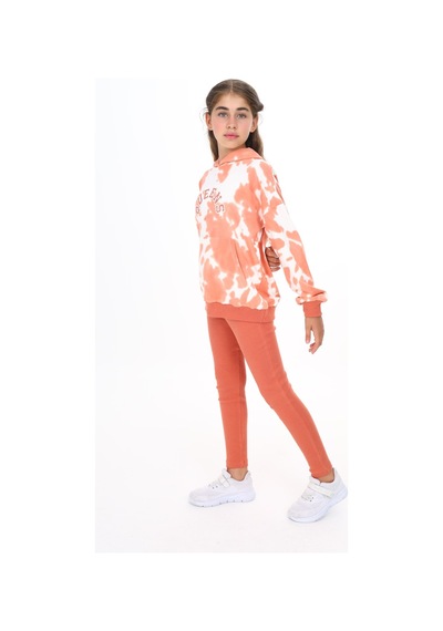 Toontoy Kids Toontoy Kız Çocuk 2'li Takım Baskılı Kapüşonlu Düşük Omuz Cepli Sweatshirt & Basic Düz Tayt Kiremit