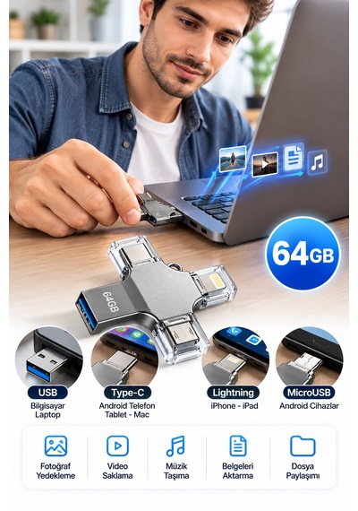 Tek Ürünle Birden Fazla Cihazda Kullanım Sunan 64gb Lightning Type C Usb Microusb Girişli Flash Bellek
